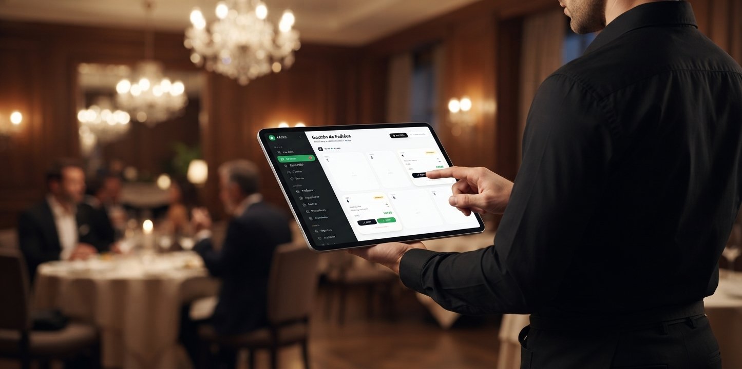 Mesero tomando pedidos con tablet y Vivantiz POS